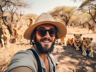 Urlaub in Afrika, glückliche Mann mit Selfie am Löwe, generative AI.