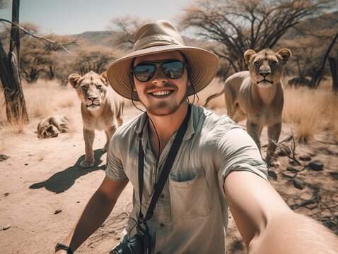 Urlaub in Afrika, gl&uuml;ckliche Mann mit Selfie am L&ouml;we, generative AI.