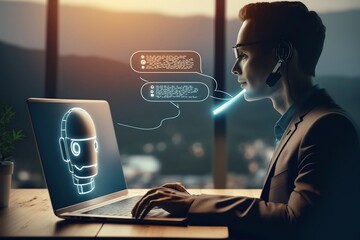Chatbot Chat with AI Artificial Intelligence and technology concept, Businessman use laptop chatting with Ai, Technology created in the future world and popular rating communication around the world