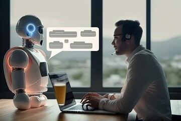 Chatbot Chat with AI Artificial Intelligence and technology concept, Businessman use laptop chatting with Ai, Technology created in the future world and popular rating communication around the world