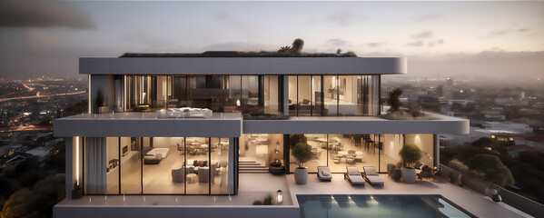 Obraz premium AI generative image of sprawling multi-level mansion with modern design with big city in the background