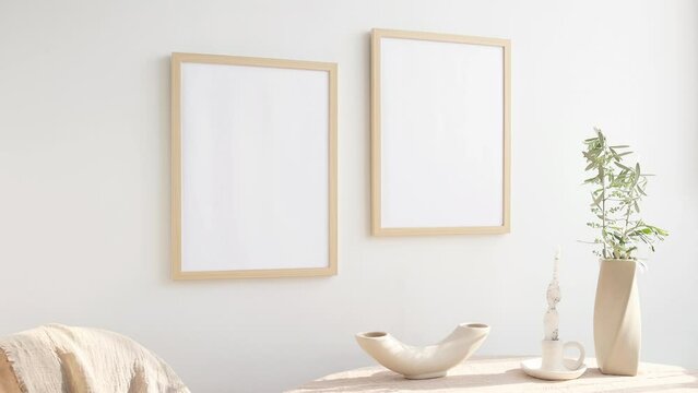 Two wooden photo frames 3x4 video mockup on the wall