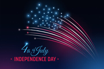 Banner 4th of july usa independence day, template with american colorful fireworks on dark sky background. Fourth of july, USA national holiday. Fireworks US flag. Vector illustration, poster - obrazy, fototapety, plakaty