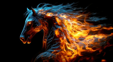 Obraz na płótnie Canvas Fiery horse on a black background. AI generated