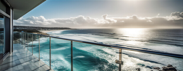 AI generative panoramic image of crashing waves seaview from the terrace of modern house