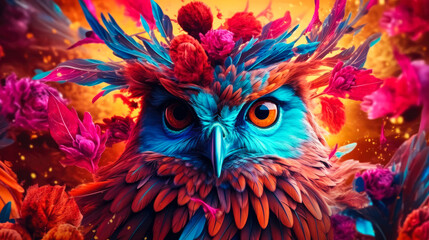 Obraz premium Close-up portrait of a owl in fantasy background. Wildlife animals. Generative AI.