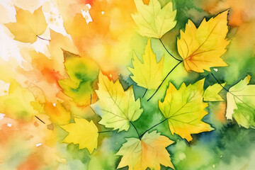 Naklejka na ściany i meble Beautiful seamless autumn pattern with watercolor colorful maple leaves. AI.