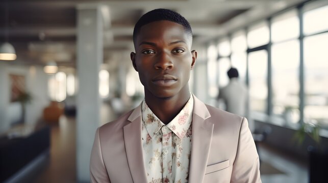 Young African American male handsome transgender person looking at camera in office, non-binary gender, stylish formal clothes, pastel colors, business modern concept, copyspace, AI Generated.