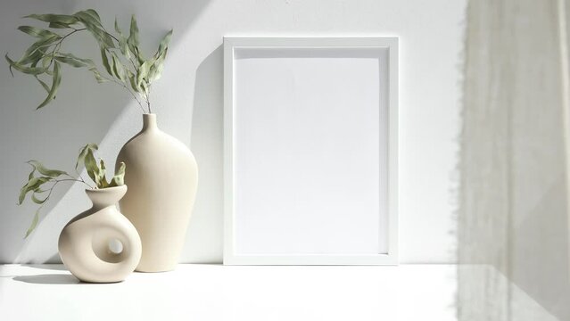 Video 3x4 photo frame mockup with two beige vases and eucalyptus on white table
