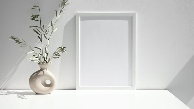 Video 3x4 photo frame mockup with white vase and eucalyptus on white table