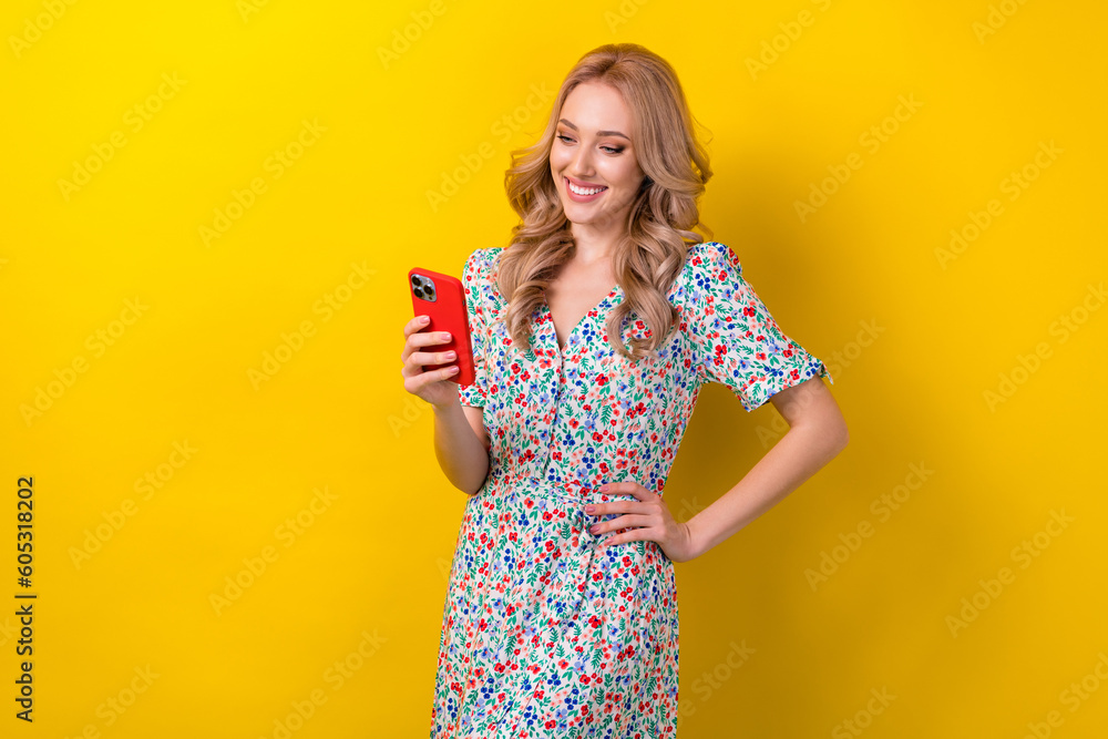 Wall mural photo of stunning cheerful lady influencer hold samsung iphone click like repost post share news iso