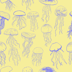 Jellyfish. Vector seamless pattern. Trending illustrations for t-shirt prints, posters, labels, music covers.