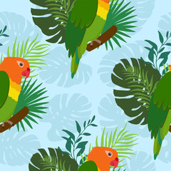 Fototapeta na wymiar Mako parrots with green palm leaves on a blue background. Vector seamless pattern. Tropical illustration with birds and plants.