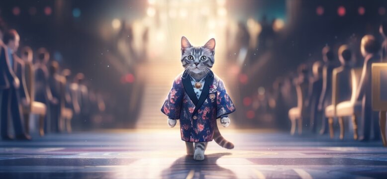 A cat dressed in a kimono walking down a hall. Generative AI image.