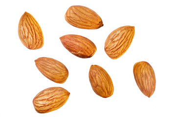 Collection of almonds, isolated on white background or Almond fruit nut isolated and Almond with clipping path. Ripe fresh almond clipping path. Organic fresh almond