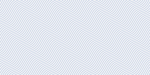 Simple blue and white curvy wavy lines pattern. Vector seamless texture with thin diagonal waves, stripes. Modern abstract minimal background, optical illusion effect. Repeating decorative geo design