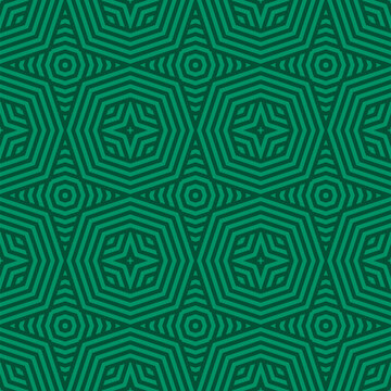 Vector geometric lines pattern. Abstract seamless background in green color. Retro vintage 1960s - 1970s style graphic texture with stripes, lines, repeat tiles. Trendy geo design for decor, print