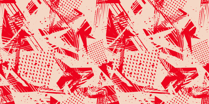 Abstract retro grunge seamless pattern. Urban art texture with paint splashes, chaotic shapes, lines, dots, patches. Sport graffiti style vector background. Red and beige color. Repeat sporty design