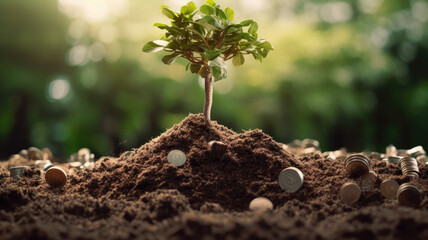 Planting a tree on a pile of money, including the hand of a woman holding a coin to a tree on the coin, money saving ideas and investing in the future.