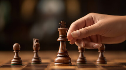 partial view of man holding brown queen near beige queen on wooden chessboard