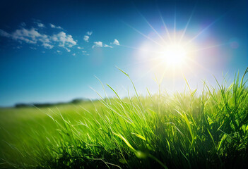Fototapeta na wymiar Green grass field under a clear blue sky. AI Generated
