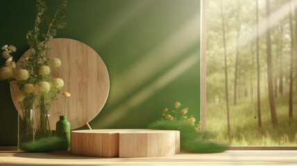 3D realistic empty wood top of white podium pedestal stand with grass foreground and backdrop lighting and window shadow on green background. You can use for product presentation, beauty spa cosmetic