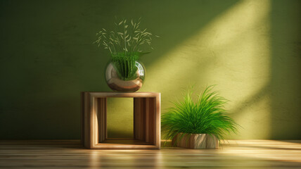3D realistic empty wood top of white podium pedestal stand with grass foreground and backdrop lighting and window shadow on green background. You can use for product presentation, beauty spa cosmetic