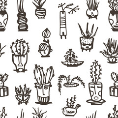 Seamless pattern Black Ceramic pots with cactus comic faces. Different doodle emotions characters. Plant ceramics. Pottery vases trendy concept. Cartoon style. Hand drawn Vector illustration