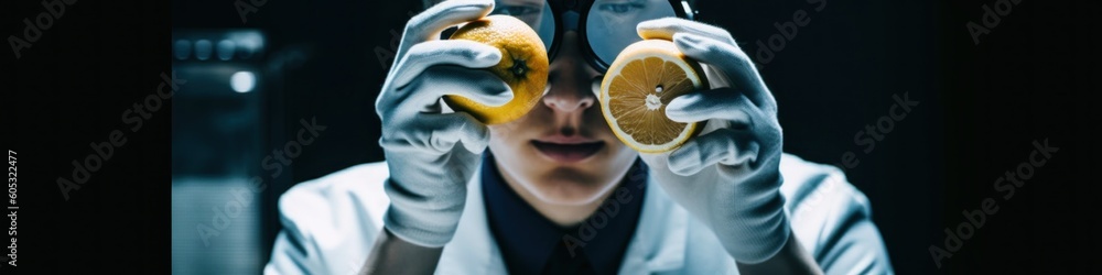 Poster a man in a lab coat holding two lemons in front of his face. generative ai image.