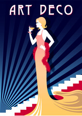 Girl in evening dress with a glass of champagne. Retro party invitation card. Handmade drawing vector illustration. Art Deco style.