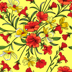 Hand drawn seamless pattern with beautiful garden flowers and leaves on light canary background. Vector illustration, retro style.