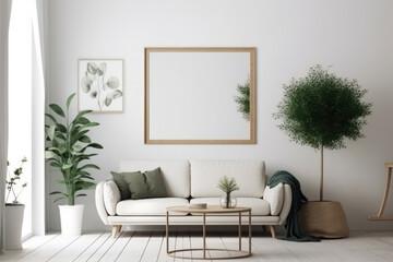 Add a touch of elegance to your home with this stunning modern living room featuring a white couch, green potted plants, and a mockup frame on the wall. AI Generative.