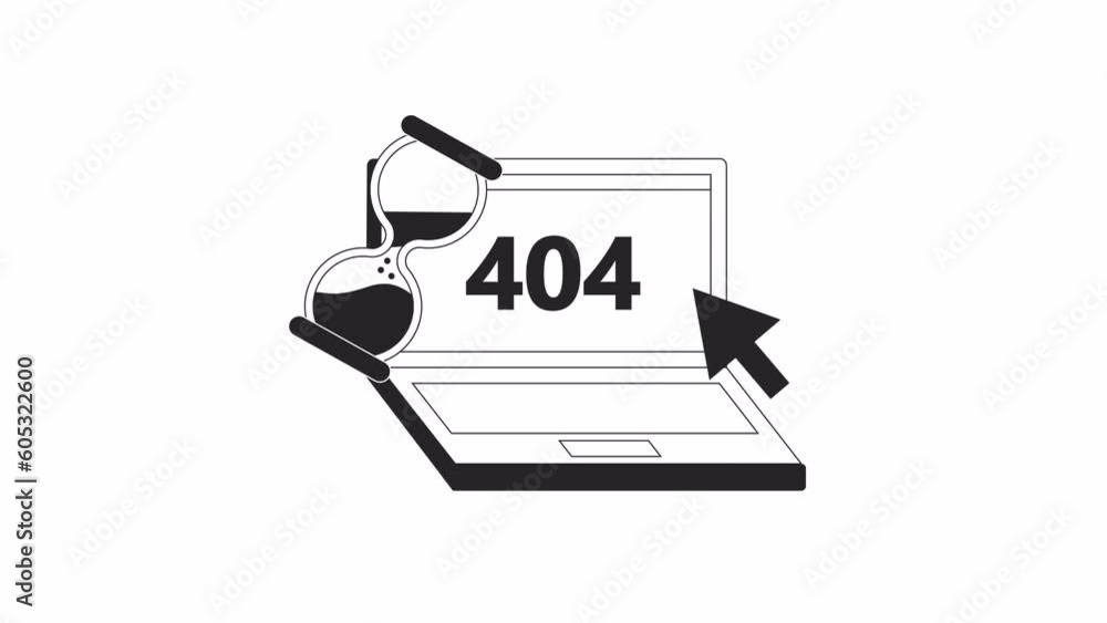 Poster loading laptop bw 404 animation. notebook with hourglass and arrow cursor. empty state 4k video conc