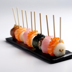 Sushi on Black Wooden Sticks on White Background. Generative AI