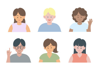 Set of young  women and men in casual wear avatars with multiple skin tones, races, hairstyles and gestures in flat cartoon style vector