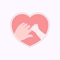 Small hand of baby holding big index finger of mother's hand  in pink heart shaped frame flat design vector