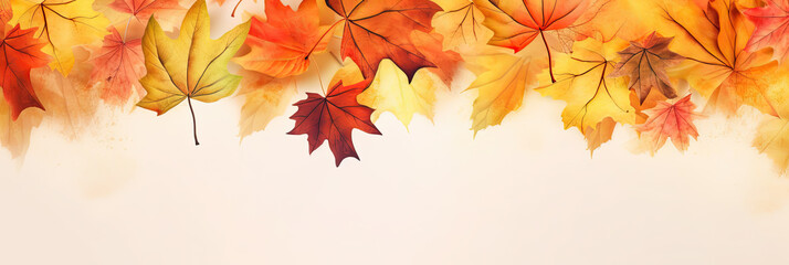 Naklejka na ściany i meble Colorful autumn leaves background. Panoramic format with copyspace for text. AI generative.