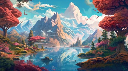 Fototapeta na wymiar A Colorful Fantasy World Landscape Wallpaper Generative AI