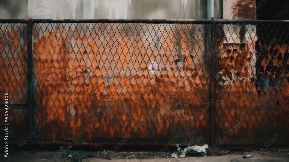 Poster a fire hydrant in front of a rusty fence. generative ai image.