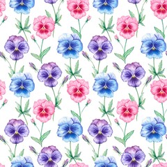 Seamless floral pattern with multicolored pansies on a white background. Bright hand-drawn watercolor illustration. Spring design for fabric, textiles, wrapping paper, gift wrap, cover.