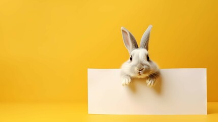 Rabbit peeking out of a blank banner on yellow background, place for text. Generative AI