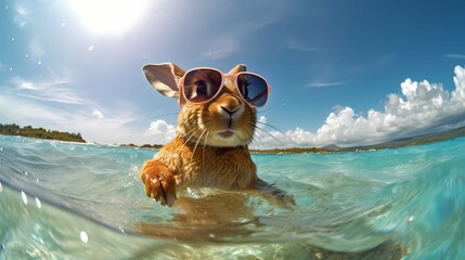 A cute rabbit floating in the ocean. Generative AI