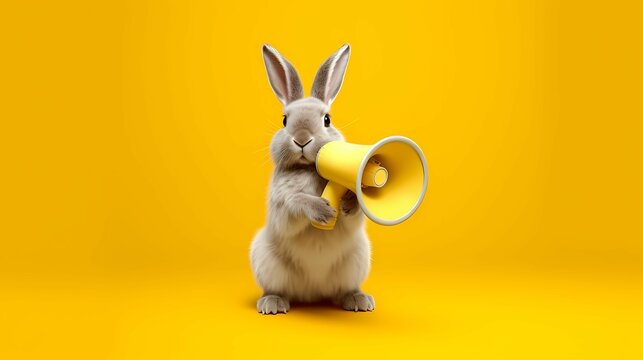 Rabbit with megaphone on yellow background. Generative AI