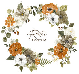 Watercolor floral wreath featuring rust, burnt orange, and brown flowers. Ristic-styled arrangement. Botanical illustration. PNG clipart - 605323433