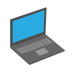Realistic perspective front laptop with keyboard isolated incline 45 degree. Computer notebook with blue screen template. Front view of mobile computer with keypad backdrop. Digital equipment cutout.