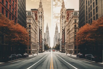 Fototapeta premium A mirrored city street lined with historic buildings and fall foliage under a soft sky, symmetric Split-Screen Panorama of Cleveland and New York Streets.