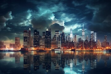 Fototapeta premium Nighttime Reflections: Cityscape View Across the Water Under Starry Sky - AI Generative