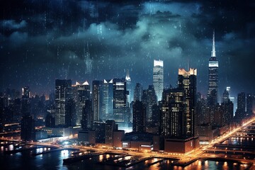 Obraz premium Rainy Nocturne: Urban Cityscape in Nighttime Rain - AI Generative