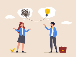 Simplify complex business idea concept. Untangle or solve business problem, solution for messy chaos situation, smart businessman untangle messy line of business idea lightbulb or simplify problem.