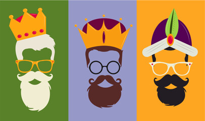 Modern Hipster Three Wise Men: Vector Illustration of Magi with Sunglasses and Crowns